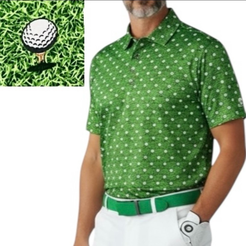 Caddy Cart Polo Green Golf Tees & Balls Print Men’s Short Sleeve Shirt Sz M NEW